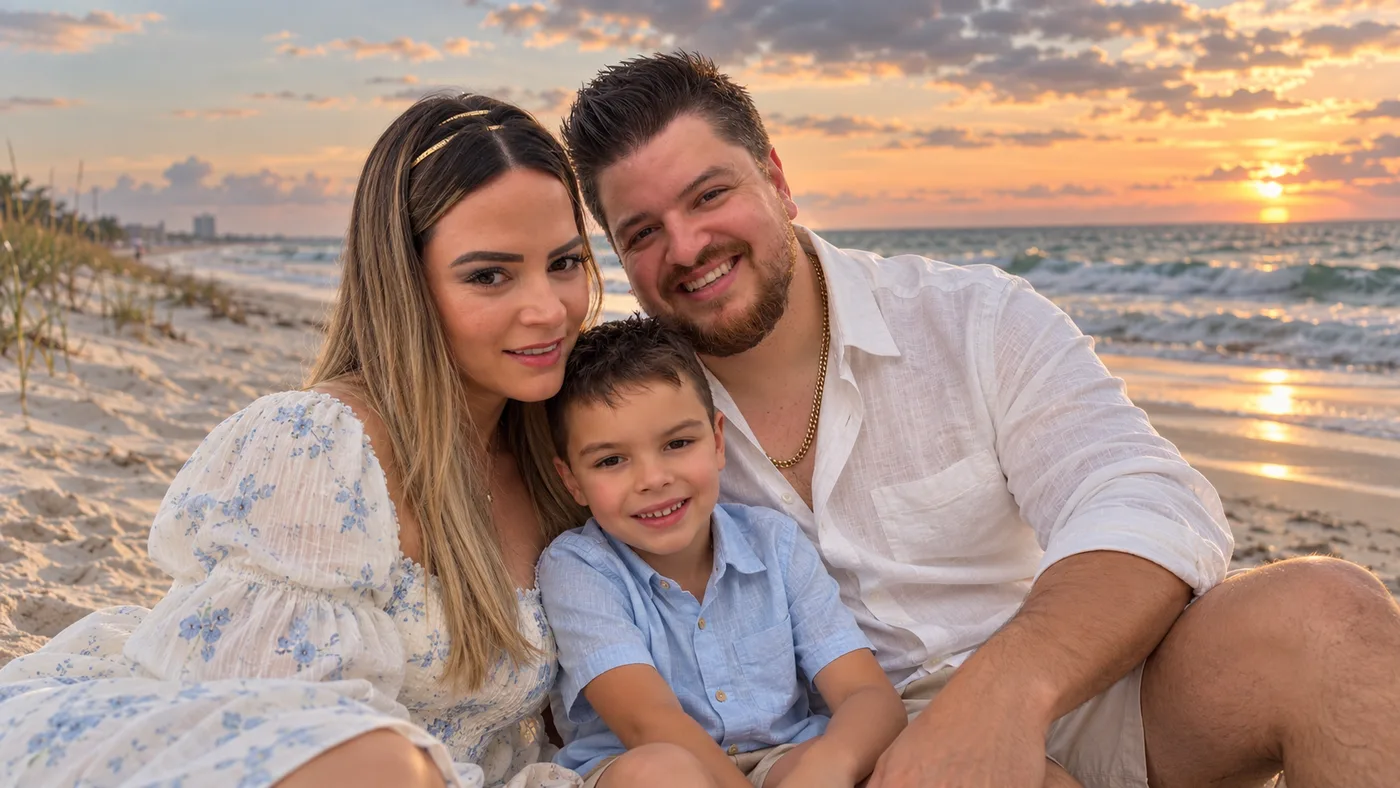 The family behind Ocean Blue Property Care on a Florida beach at sunset